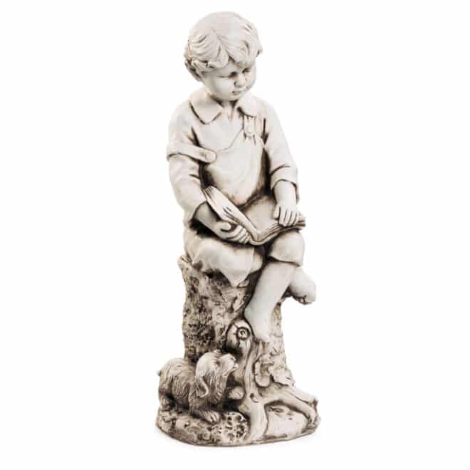 Boy with Dog on Stump Reading