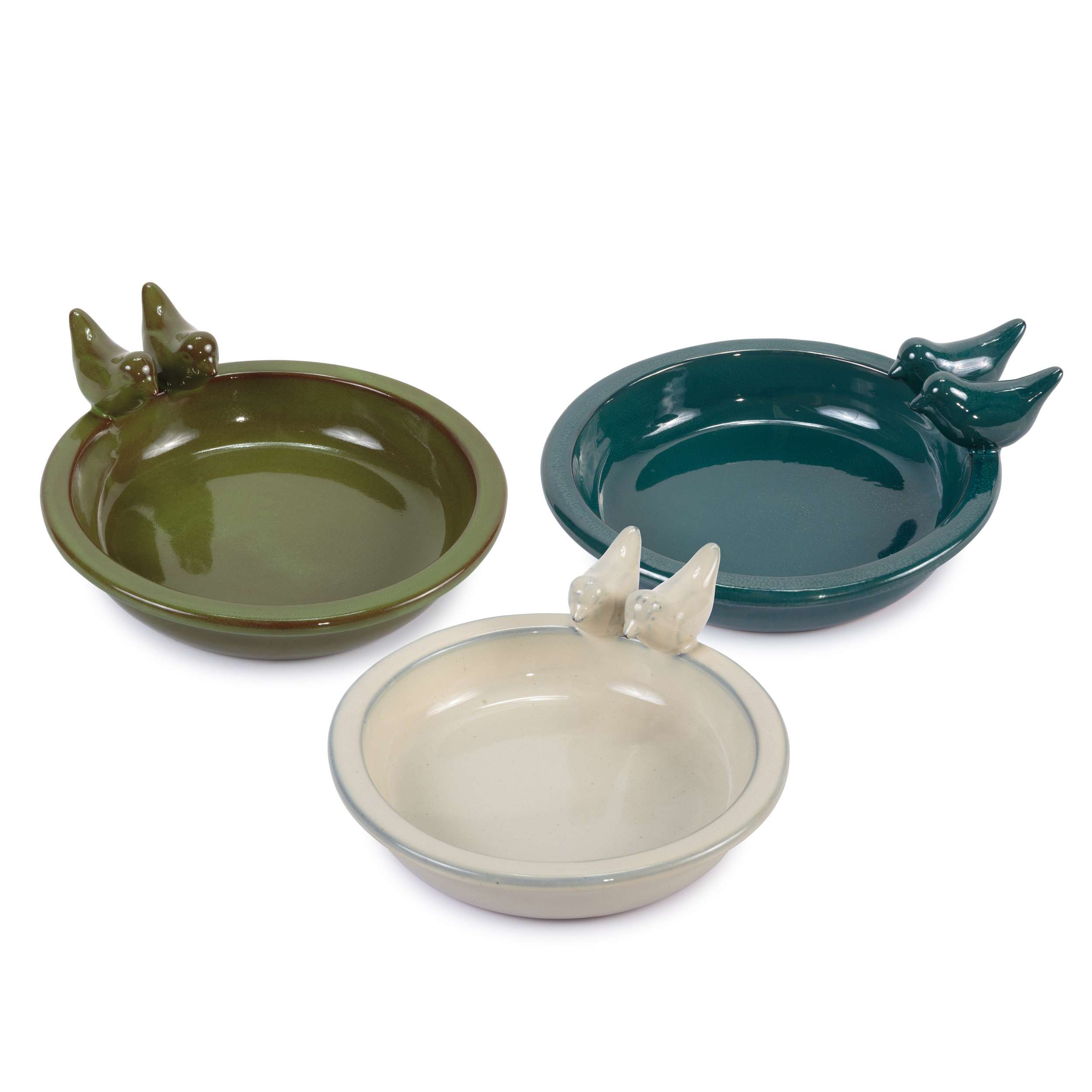 Decorative bird feeder Round range showing three colours - cream, green and petrol blue