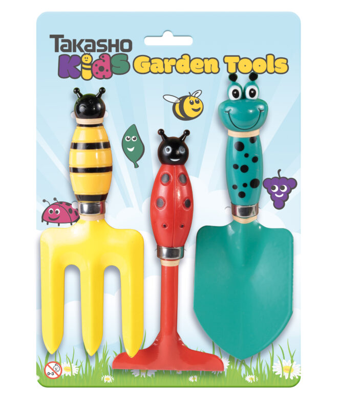 Kids Garden Tool Set of 3 Packaging photograph, showing fork, rake and trowel