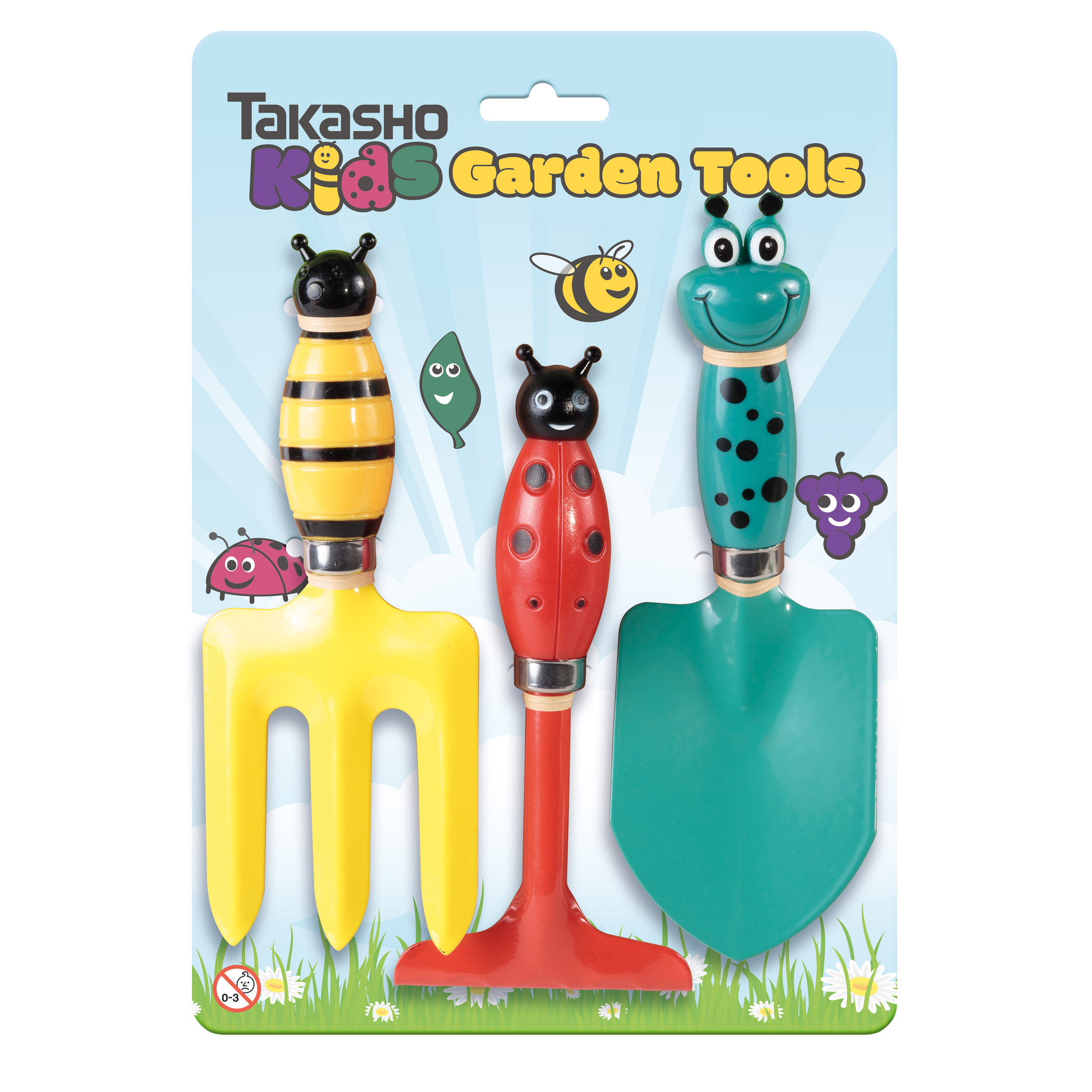Kids Garden Tool Set of 3 Packaging photograph, showing fork, rake and trowel